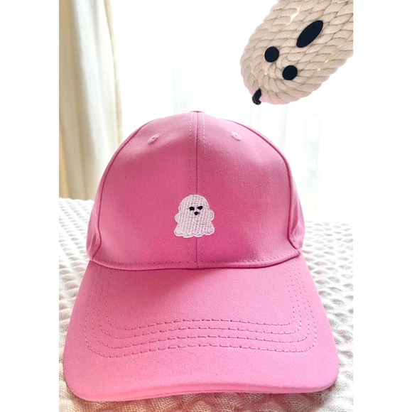 New Adult Sz Pink Ghost Halloween Embroidered Baseball Cap Hat - Boo Basket Gift - Picture 1 of 9